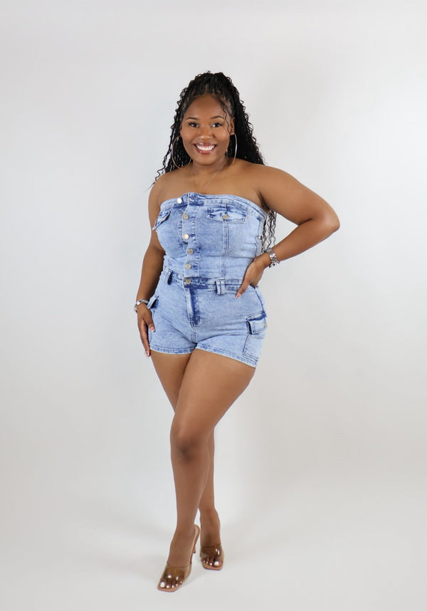 EFFORTLESS EDGE BLUE ACID WASH ROMPER