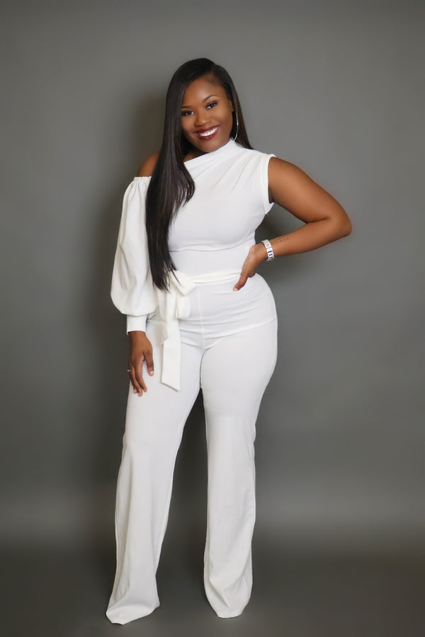 BOSS LADY ONE SHOULDER JUMPSUIT- WHITE