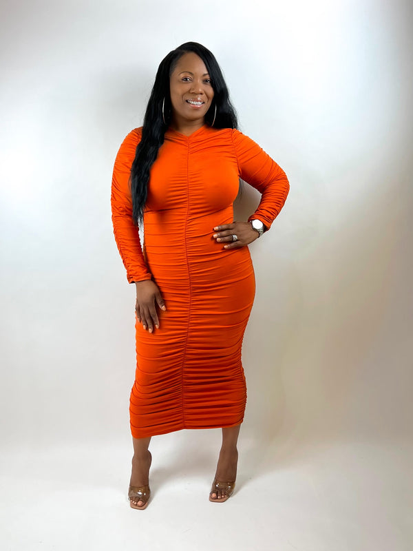 MUST BE LOVE RUCHED MIDI DRESS - ORANGE