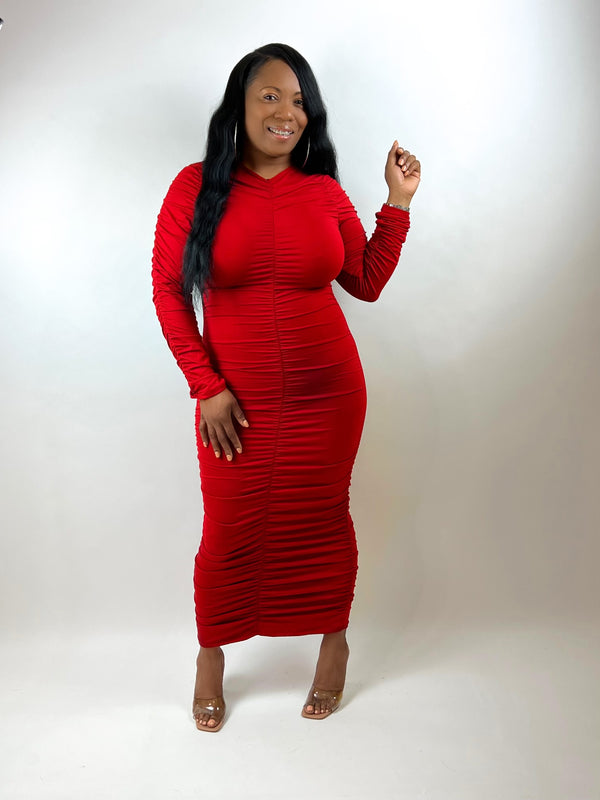 MUST BE LOVE RUCHED MIDI DRESS - RED