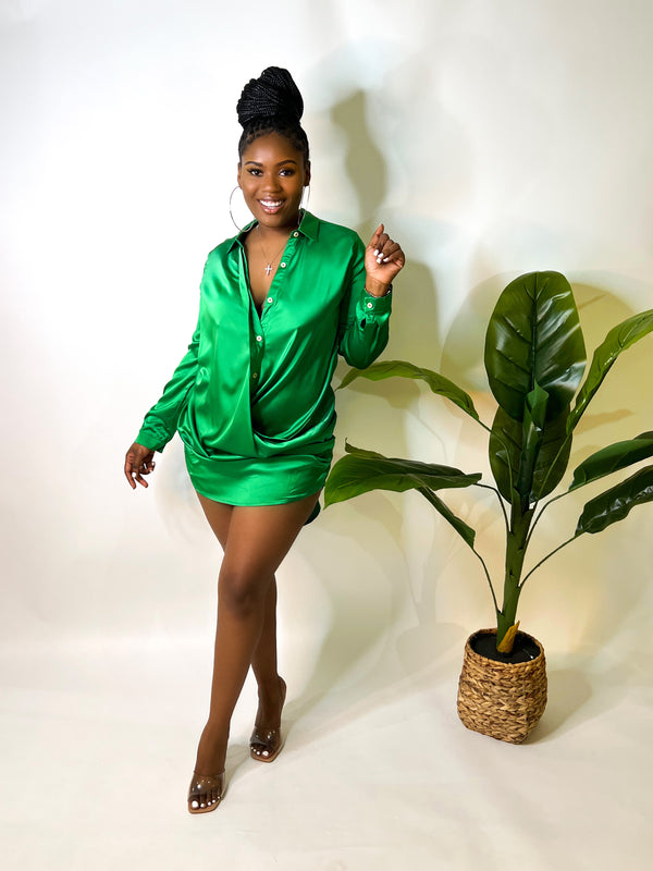 EMERALD SATIN MINI SHIRT DRESS