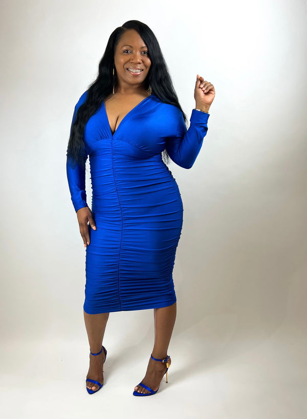 FEELING ROYAL V NECK DRESS - BLUE