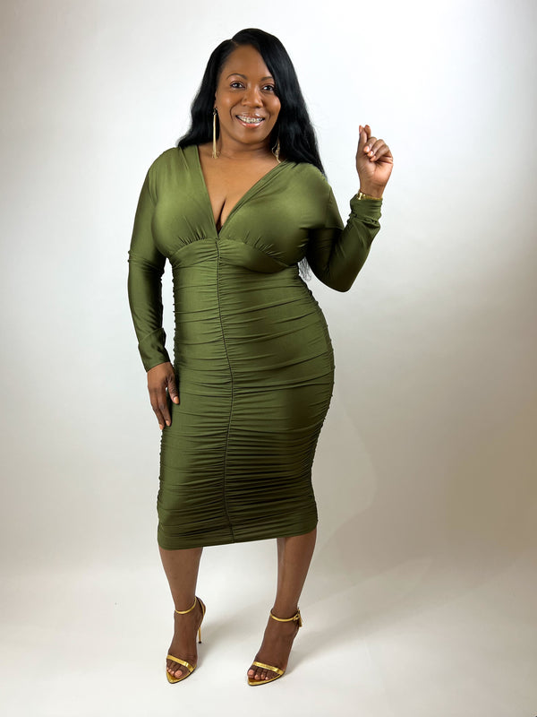 FEELING ROYAL V NECK DRESS - OLIVE